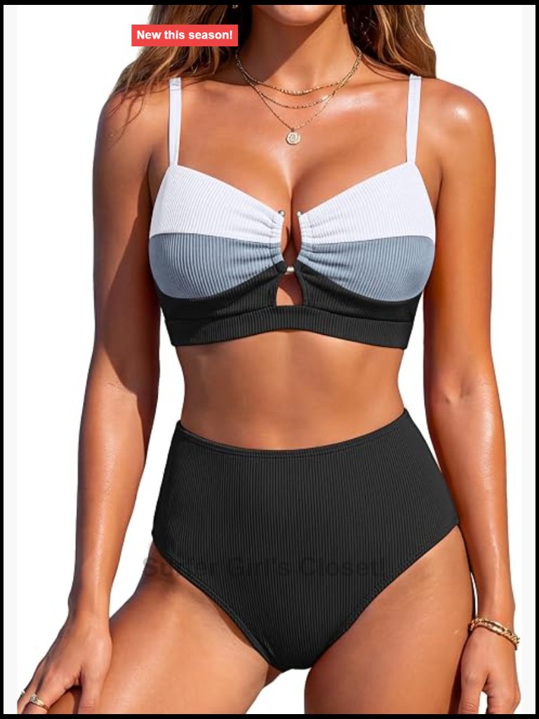 High Waisted Bikini Set Tummy Control Ribbed U-Wire Two Piece Color Block